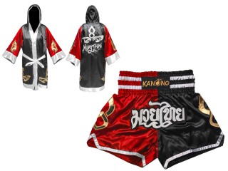 Muay Thai Bundle - Custom Muay Thai Boxing Robe + Muay Thai Shorts :143-Red-Black
