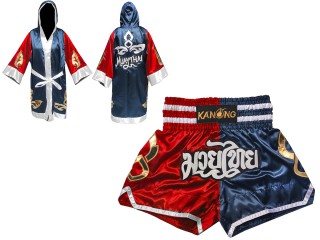 Muay Thai Bundle - Custom Muay Thai Boxing Robe + Muay Thai Shorts :143-Red-Navy