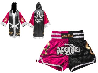 Muay Thai Bundle - Custom Muay Thai Boxing Robe + Muay Thai Shorts :143-Rose-Black