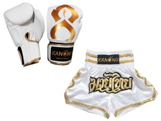 Bundle - Real Leather Boxing Gloves + Custom Muay Thai Shorts : Set-121-Thaikick-White Bundle - Real Leather Boxing Gloves + Custom Muay Thai Shorts : Set-121-Thaikick-White