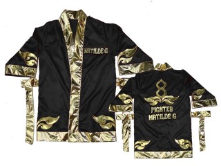 Customize Muay Thai Boxing Robe: KNFIRCUST-001-Black-Gold Customize Muay Thai Boxing Robe: KNFIRCUST-001-Black-Gold