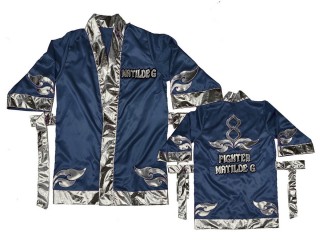 Customize Muay Thai Boxing Robe: KNFIRCUST-001-Navy-Silver Customize Muay Thai Boxing Robe: KNFIRCUST-001-Navy-Silver